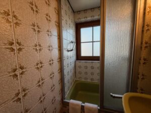Badezimmer im Standard-Doppelzimmer der Aal-Kate Wuppertal mit Dusche, Fenster, Retro-Fliesen und Duschabtrennung.